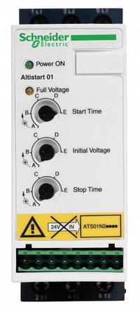 SCHNEIDER Soft Start: 460-480V AC, 6 A Output Current, With Bypass, IP20/NEMA 1, 60/50 Hz, 24V DC (MPN ATS01N206RT). Key specifications — Control Voltage: 24V DC; Manufacturer Part Number: ATS01N206RT.