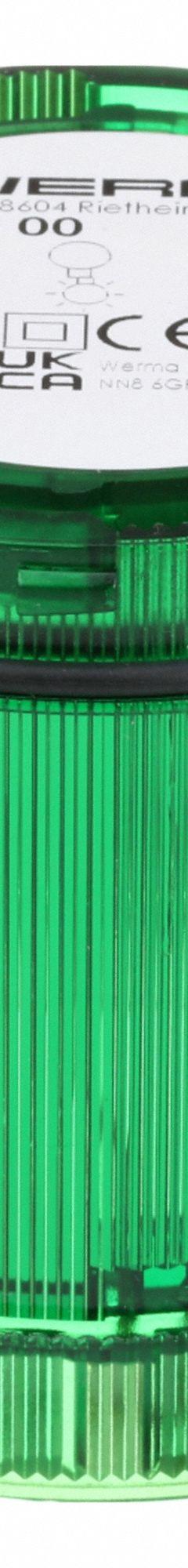 WERMA Tower Light Module: Steady, 120V AC, Green, 70 mm Overall Dia, 2 5/8 in Overall Ht, 64918009. Key specifications — Brand: WERMA; Compatible with Series: KombiSIGN 71; Lens Color: Green; Operating Voltage: 120V AC; Manufacturer Part Number: 64918009.