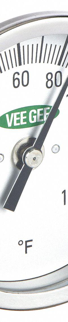VEE GEE Soil Dial Thermometer: -40°F to 160°F, +/- 2°F, 6 in Stem Lg, Fahrenheit (MPN 82160-6). Key specifications — Accuracy: +/- 2°F; Thread Type: NPT; Housing Material: Aluminum; Brand: VEE GEE; Temperature Units: Fahrenheit.