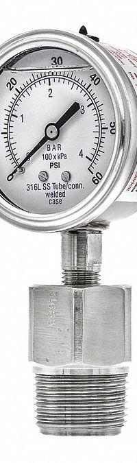 PIC GAUGES Vacuum Gauge with Diaphragm Seal: 0 psi to 60 psi, 301L/5JJJ, 2 1/2 in Dial, Glycerin (MPN 301L254D/5JJJA00). Key specifications — Brand: PIC GAUGES; Gauge Case Liquid: None; Seal Fill Liquid: Glycerin; Seal Lower Housing Material: 316 Stainless Steel; Accuracy: ±2-1-2%; Gauge Wetted Parts: Stainless Steel.