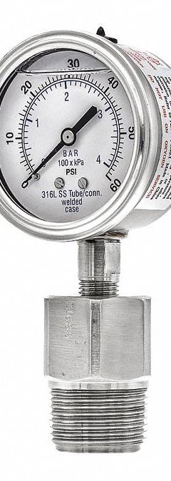 PIC GAUGES Vacuum Gauge with Diaphragm Seal: 0 psi to 60 psi, 301L/5JJJ, 2 1/2 in Dial, Glycerin (MPN 301L254D/5JJJA00). Key specifications — Brand: PIC GAUGES; Gauge Case Liquid: None; Seal Fill Liquid: Glycerin; Seal Lower Housing Material: 316 Stainless Steel; Accuracy: ±2-1-2%; Gauge Wetted Parts: Stainless Steel.