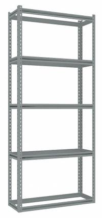 TENNSCO Boltless Shelving: Starter, Medium-Duty, 36 in x 12 in, 84 in Overall Ht, 5 Shelves, Open (MPN ZB7-3612S-5). Key specifications — Finish: Powder Coated; Maximum Post Load Capacity: 8,000 lb with Beams Evenly Spaced at 24 in; Decking Material: None; Color: Gray; Beam Profile: Z-Beam; Brand: TENNSCO; Side Panel: Open.