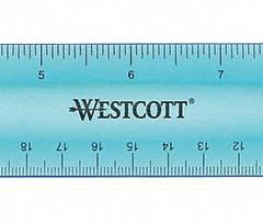 WESTCOTT Ruler: 14381, Gen Purpose, 12 in, 0.08 in Thick, 1/16 in, Black, Flex, Matte, SAE, Rule. Key specifications — attr939978: 1/16 in; attr934745: WESTCOTT; attr939993: Decimal; attr986193: Printed.