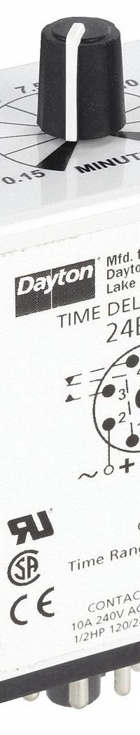 DAYTON Single Function Time Delay Relay: Socket Mounted, 12V DC, 10 A, 8 Pins/Terminals, On Delay (MPN 24EP05). Key specifications — Brand: DAYTON.