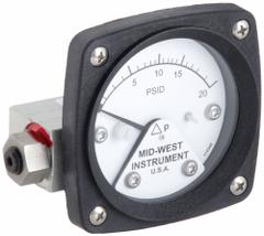 MIDWEST INSTRUMENT Differential Pressure Gauge: Back, 1/4 in NPT Female, ±3-2-3% Gauge Accuracy, 120 (MPN 120-AA-00-OO-20P). Key specifications — Sensor Type: Piston; Series: 120; Housing Material: Aluminum; Certificate of Calibration: Not Included; Gauge Accuracy: ±3-2-3%.