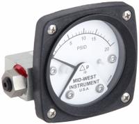 MIDWEST INSTRUMENT Differential Pressure Gauge: Back, 1/4 in NPT Female, ±3-2-3% Gauge Accuracy, 120 (MPN 120-AA-00-OO-20P). Key specifications — Sensor Type: Piston; Series: 120; Housing Material: Aluminum; Certificate of Calibration: Not Included; Gauge Accuracy: ±3-2-3%.