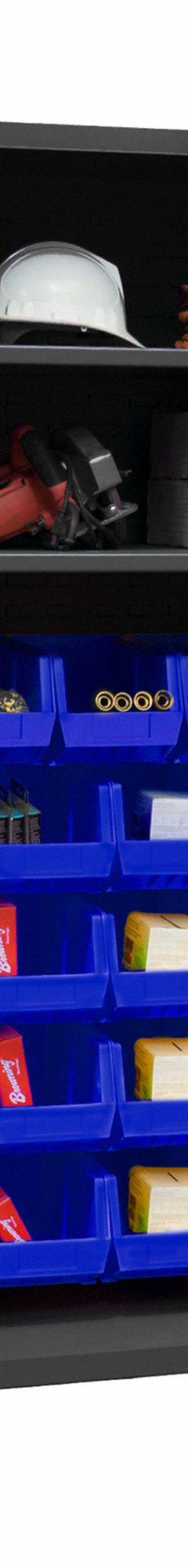 DURHAM MFG Bin Cabinet: 48 in x 18 in 72 in, 2 Shelves, 24 Bins, Blue, Ventilated, 14 ga Panel, Gray (MPN EMDC-481872-24B-2S-5295). Key specifications — Bin Color: Blue; Bin HxWxD: (24) 8 in x 15 in x 7 in; Assembled: Assembled; Cabinet Style: Shelf and Bin; Brand: DURHAM MFG; Cabinet Color: Gray; Cabinet Finish: Powder Coated; Cabinet Material: Steel.