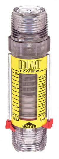 HEDLAND Mechanical Flowmeter: Flow Meter, Scale, Variable Area, Inline, Universal, Gallons/Liters (MPN H621-028). Key specifications — Display Type: Scale; O-Ring Material: Buna-N; Includes Flow Rate Adjustment Knob: No; Includes Pressure Guage: No; Mounting Orientation: Universal; Unit Of Measure: Liters; Brand: HEDLAND; Accuracy: +/-5%.