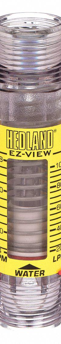 HEDLAND Mechanical Flowmeter: Flow Meter, Scale, Variable Area, Inline, Universal, Gallons/Liters (MPN H621-028). Key specifications — Display Type: Scale; O-Ring Material: Buna-N; Includes Flow Rate Adjustment Knob: No; Includes Pressure Guage: No; Mounting Orientation: Universal; Unit Of Measure: Liters; Brand: HEDLAND; Accuracy: +/-5%.