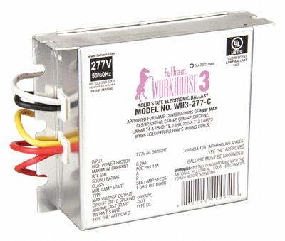 FULHAM Fluorescent Ballast: 277V AC, 1/2 Lamps Supported, 3 7/8 in Overall Lg - Instant Start Electronic Fluorescent Ballasts