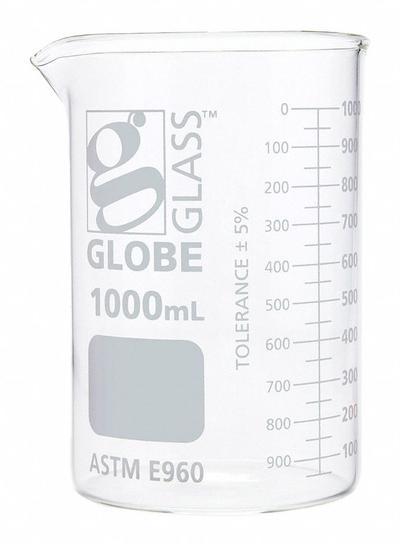 GLOBE SCIENTIFIC Beaker: 1,000 mL, 33.81 fl oz, A, Low Form, Type I, White - Color Coded Low Form Glass Beakers