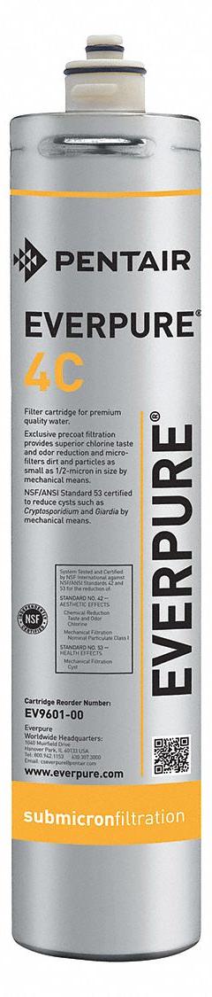 PENTAIR/EVERPURE Quick-Connect Water Filter: 0.5 micron, 0.5 gpm, 3,000 gal, 14 3/4 in Overall Ht (MPN EV960100-75). Key specifications — Filter Media: Carbon; Reduces: Cyst; Brand: PENTAIR/EVERPURE.