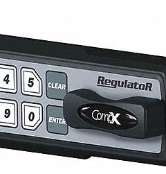 COMPX REGULATOR Electronic Keyless Lock: Deadlatch, 1 1/2 in Body Ht, 5 7/16 in Body Wd, 12 Buttons (MPN REG-S-L-3-BLK). Key specifications — Latch Type: Deadlatch; Brand: COMPX REGULATOR; Manufacturer Part Number: REG-S-L-3-BLK.