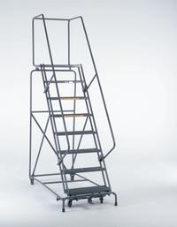 BALLYMORE Rolling Ladder: 7.5 ft Platform Ht, Assembled, Steel, Manual Lock, Perforated (MPN 093214PSU). Key specifications — Includes Handrails: Handrails Included; Material: Steel; Brand: BALLYMORE; Color: Gray.