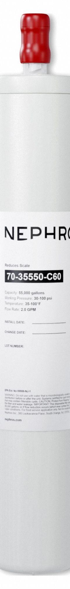 NEPHROS Quick-Connect Water Filter: 2 gpm, 55,000 gal, 17 in Overall Ht, 3 in Overall Dia (MPN 70-35550-C60). Key specifications — Filter Media: Treated Polymer Beads; Reduces: Scale; Brand: NEPHROS.