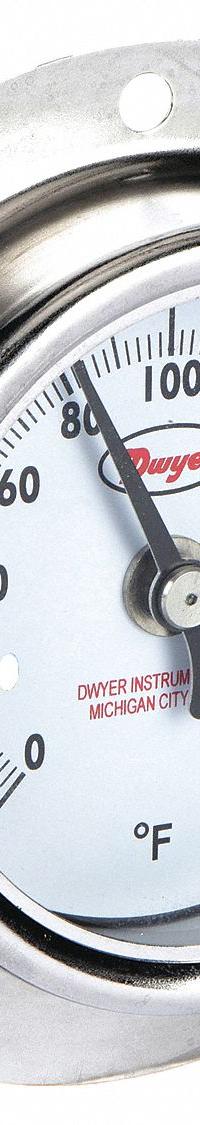 DWYER Clip On Thermometer: 0°F to 200°F, ±2% Accuracy, 2 1/2 in Dial Dia, 6 in Probe Lg (MPN BTPM260101). Key specifications — Brand: DWYER; Accuracy: ±2 %.