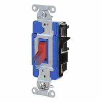 HUBBELL Wall Switch: Toggle Switch, 3-Way, Maintained, Red, 120/277V AC, 15 A (MPN HBL1203STILR). Key specifications — Illuminated: Yes; Voltage Rating: 120/277V AC.