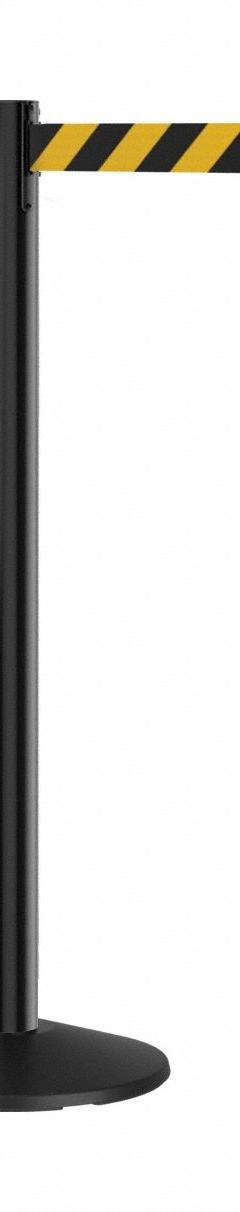 RETRACTA-BELT Barrier Post with Belt: Black/Yellow, Diagonal Stripe, No Legend, 9 ft Belt Lg, Black (MPN P101BA-BYD9). Key specifications — Base Material: ABS; Belt Color: Black/Yellow; Brand: RETRACTA-BELT; Post Material: Aluminum; Post Color: Black; Message: No Legend.
