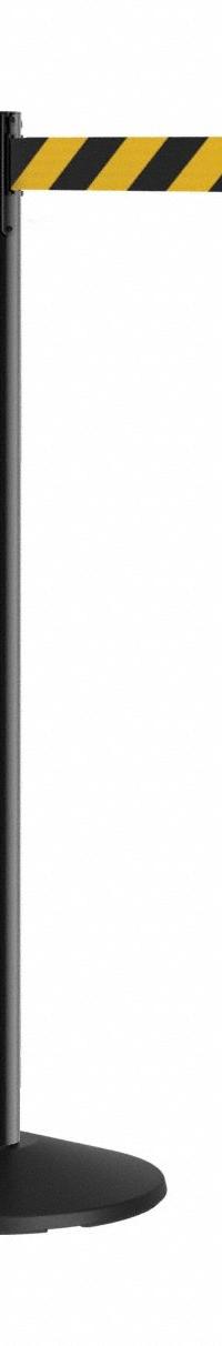 RETRACTA-BELT Barrier Post with Belt: Black/Yellow, Diagonal Stripe, No Legend, 9 ft Belt Lg, Black (MPN P101BA-BYD9). Key specifications — Base Material: ABS; Belt Color: Black/Yellow; Brand: RETRACTA-BELT; Post Material: Aluminum; Post Color: Black; Message: No Legend.