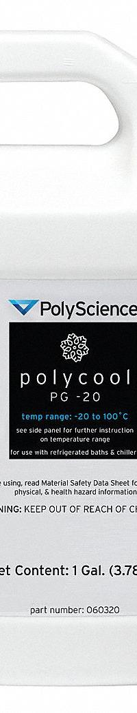 POLYSCIENCE Antifreeze Fluid: -20° to 100°C, -20° to 100°C, Antifreeze Fluid, 3.8 L Capacity (MPN 060320-KIT-GRAINGER). Key specifications — Brand: POLYSCIENCE; Product Type: Antifreeze Fluid; Temperature Range when mixed with 50%/50% DI Water: -20° to 100°C; Temperature Range: -20° to 100°C.