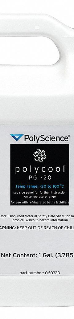 POLYSCIENCE Antifreeze Fluid: -20° to 100°C, -20° to 100°C, Antifreeze Fluid, 3.8 L Capacity (MPN 060320-KIT-GRAINGER). Key specifications — Brand: POLYSCIENCE; Product Type: Antifreeze Fluid; Temperature Range when mixed with 50%/50% DI Water: -20° to 100°C; Temperature Range: -20° to 100°C.