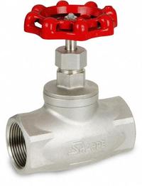 SHARPE Globe Valves: For Steam Media, Stainless Steel, 3/4 in Pipe Size, FNPT x FNPT, Female, NPT (MPN 4371006140). Key specifications — Seat Material: Metal; Brand: SHARPE; Stem: Rising.