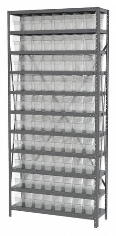 AKRO-MILS Bin Shelving: 36 in x 12 in x 79 in, 1 Sided, 80 Bins, Open, Shelf Bin, Clear, 11 Shelves (MPN AS1279040SC). Key specifications — Includes Bins: Yes; Bin Material: Polymer; Frame Color: Gray; Bin HxWxD: (80) 6 in x 4-1/8 in x 11-5/8 in; Frame Material: Steel; Bin Color: Clear; Bin Style: Shelf; Brand: AKRO-MILS.