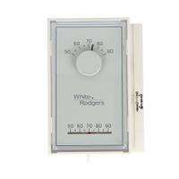 EMERSON Low Voltage Thermostat: Heat Only, RH/W, Auto-On, On-Off, On-Off/Auto-On, Vertical (MPN 1E50N-301). Key specifications — Application: Heat Only; Key Features: Vibration Resistant; Temperature Differential: 1°F Heating, 1.5°F Cooling; Voltage: 20 to 30V AC; Terminal Designations: W; System Settings: On-Off; Temperature Control Range: 50° to 90°F; Shape: Rectangle.