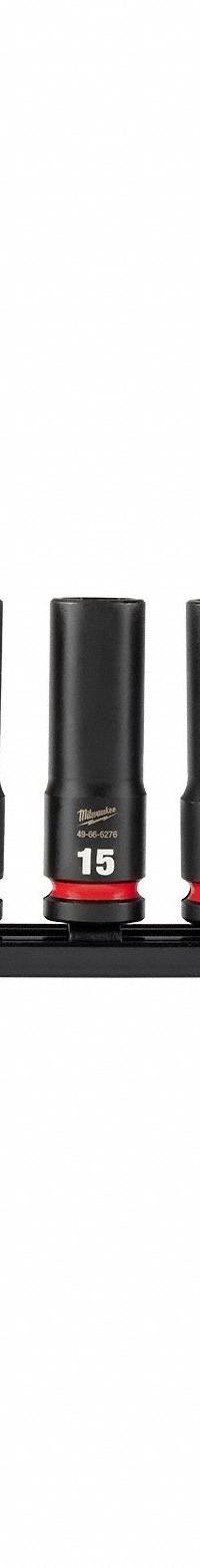 MILWAUKEE Impact Socket Set: 1/2 in Drive Size, Small Set (0-50 pieces) Set Size, 9 Pieces, 0 (MPN 49-66-7032). Key specifications — attr1204251: MILWAUKEE; attr1215453: 1/2 in; attr1215454: 10 mm to 21 mm; attr1224229: Friction.