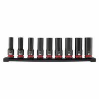 MILWAUKEE Impact Socket Set: 1/2 in Drive Size, Small Set (0-50 pieces) Set Size, 9 Pieces, 0 (MPN 49-66-7032). Key specifications — attr1204251: MILWAUKEE; attr1215453: 1/2 in; attr1215454: 10 mm to 21 mm; attr1224229: Friction.