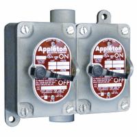 APPLETON ELECTRIC Tumbler Switch: 2 Gang, 3-Way, 20 A, 277 V AC, Feed-Thru Hub, 3/4 in Hub Size (MPN EDSC275-F3W). Key specifications — attr211272: APPLETON ELECTRIC.