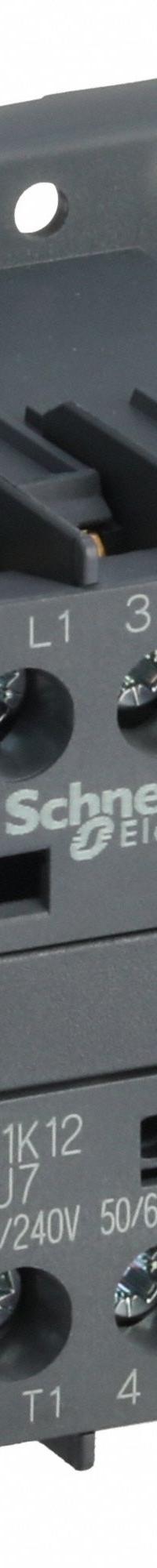 SCHNEIDER Miniature IEC Magnetic Contactor: Non-Reversing, 3 Poles, 3NO Contacts, 12 A, 240V AC Coil (MPN LC1K1210U7). Key specifications — attr945107: SCHNEIDER; attr972381: No.