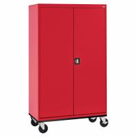 SANDUSKY Shelf Cabinet: Casters, 46 in x 24 in x 78 in, Recessed, Keyed, 4 Shelves, (4) Adj, Shelves. Key specifications — Door Handle Type: Recessed; Frame Assembled: Assembled; Cabinet Finish: Powder Coated; Cabinet Material: Steel; Base Type: Casters; Cabinet Color: Red; Shelf Adjustability: (4) Adjustable; Cabinet Storage Components: Shelves.
