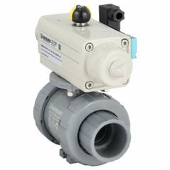 HAYWARD FLOW CONTROL Pneumatically Actuated Two-Way Ball Valve: 1 1/2 in, CPVC, Air to Spring (MPN PSSTBH215STEA9). Key specifications — Brand: HAYWARD FLOW CONTROL; Connection Gender - Side 1: Female; Actuator Features: Position Indicator; Actuator Operation: Air to Spring; Actuator Series: PSS; Connection Gender - Side 2: Female; Connection Type - Side 1: True-Union Socket/True-Union NPT; Connection Type - Side 2: True-Union Socket/True-Union NPT.