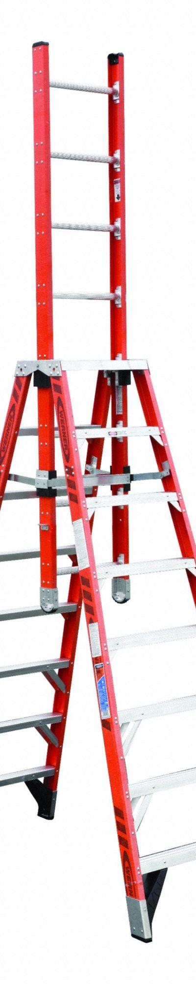 WERNER Extension Ladder: 8 ft Overall Ht - Non-Conductive Fiberglass Trestle Extension Ladders