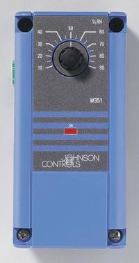 Humidity Controller: DIN Rail/Surface Mount, 120/240V AC, Dehumidifier Control Compatible (MPN W351AB-2C). Key specifications — Mounting Location: Surface Mount; Input Voltage: 120/240V AC; Product Type: Humidity Controller; Brand: JOHNSON CONTROLS; Outdoor Temperature Sensor: No.