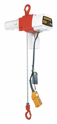 HARRINGTON Electric Chain Hoist: H2 - Light Duty, 120V AC, Hook Mounted - No Trolley, 2 Speeds (MPN ED250DS-10). Key specifications — Brand: HARRINGTON; Includes: Pendant; Operating Voltage: 120V AC; Headroom Clearance: 28 in - 30 in.