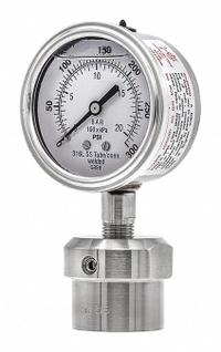 PIC GAUGES Pressure Gauge with Diaphragm Seal: 0 psi to 300 psi, 301L/0JJJ, 2 1/2 in Dial, Glycerin (MPN 301L254H/0JJJ100). Key specifications — Brand: PIC GAUGES; Gauge Case Liquid: Glycerin; Seal Fill Liquid: Glycerin; Seal Lower Housing Material: 316 Stainless Steel; Accuracy: ±2-1-2%; Gauge Wetted Parts: Stainless Steel.