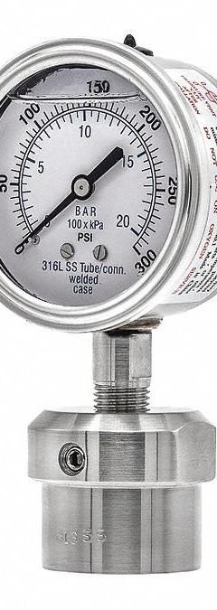 PIC GAUGES Pressure Gauge with Diaphragm Seal: 0 psi to 300 psi, 301L/0JJJ, 2 1/2 in Dial, Glycerin (MPN 301L254H/0JJJ100). Key specifications — Brand: PIC GAUGES; Gauge Case Liquid: Glycerin; Seal Fill Liquid: Glycerin; Seal Lower Housing Material: 316 Stainless Steel; Accuracy: ±2-1-2%; Gauge Wetted Parts: Stainless Steel.