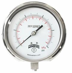 WINTERS Panel-Mount Pressure Gauge: Back Flange, 0 psi to 60 psi, 6 in Dial, 1/4 in NPT Male, Bottom (MPN PFP1061-DRY-6BF). Key specifications — Accuracy: ±1.0%; Brand: WINTERS; Vibration Resistance Properties: Field-Fillable; Gauge Wetted Parts: Stainless Steel.