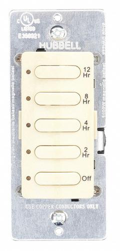 HUBBELL WIRING DEVICE-KELLEMS Countdown Timer: 24 hr Max, 2 hr Min, SPST, 120/277V AC, Light Almond (MPN DT5012LA). Key specifications — Brand: HUBBELL WIRING DEVICE-KELLEMS; Includes Hold: No Hold Included.