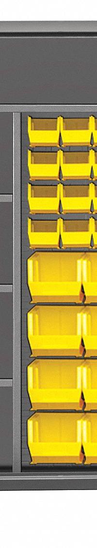 DURHAM MFG Bin Cabinet: 48 in x 24 in 78 in, 4 Shelves, 156 Bins, Yellow, Flush, 12 ga Panel, Gray (MPN HDJC244878-156-4S95). Key specifications — Bin Color: Yellow; Bin HxWxD: (24) 6 in x 11 in x 5 in; Assembled: Assembled; Cabinet Style: Shelf and Bin; Brand: DURHAM MFG; Cabinet Color: Gray; Cabinet Finish: Powder Coated; Cabinet Material: Steel.