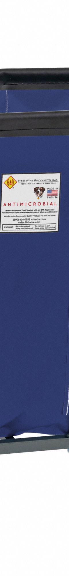R&B WIRE PRODUCTS INC. Basket Truck: 10 cu ft, 600 lb, 34 in L x 22 1/2 in W x 26 in H, Navy Blue (MPN 408SOC/ANTI/NVY). Key specifications — Brand: R&B WIRE PRODUCTS INC.; Liner Color: Navy Blue; Caster/Wheel Configuration: (4) Swivel; Assembled/Unassembled: Assembled.
