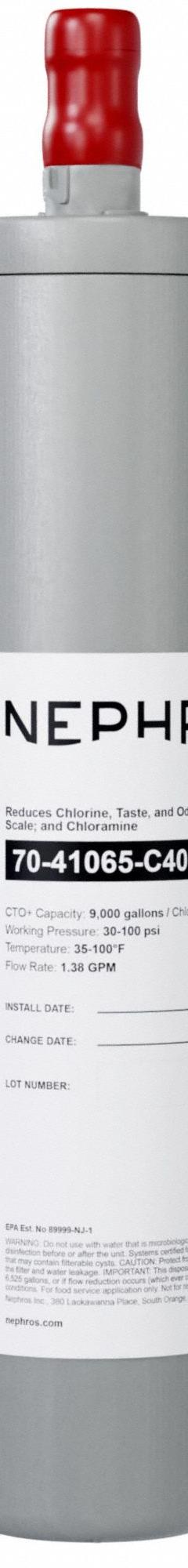 NEPHROS Quick-Connect Water Filter: 1 micron, 1.4 gpm, 14 3/4 in Overall Ht, 6,525 gal (MPN 70-41065-C40). Key specifications — Brand: NEPHROS; Reduces: Scale; Filter Media: Carbon.