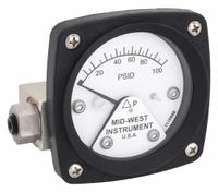 MIDWEST INSTRUMENT Differential Pressure Gauge: Back, 1/4 in NPT Female, ±3-2-3% Gauge Accuracy, 120 (MPN 120-AA-00-OO-100P). Key specifications — Sensor Type: Piston; Series: 120; Housing Material: Aluminum; Certificate of Calibration: Not Included; Gauge Accuracy: ±3-2-3%.