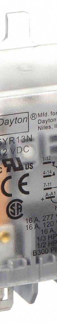 DAYTON Flange Mount Relay: Surface (Side Flange) Mounted, 12V DC, DPDT, 8 Pins/Terminals (MPN 5YR13). Key specifications — Brand: DAYTON; Mounting Style: Side Flange; Electrical Connection: Plug-In Terminal; Manufacturer Part Number: 5YR13; Series: Dayton.
