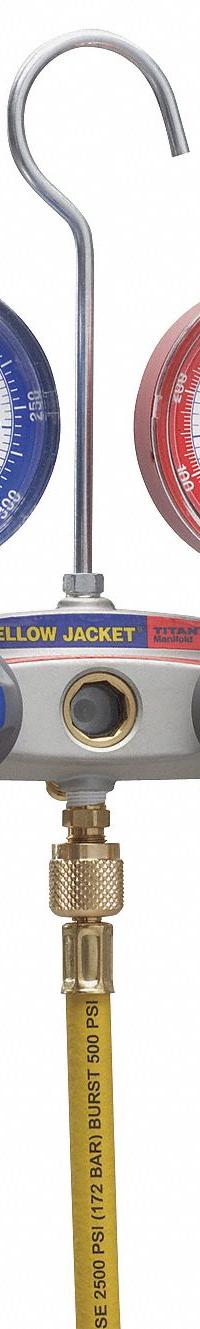 YELLOW JACKET Manifold Gauge: 2 Valves, 3 Hoses, Series Titan, 3 1/8 in Gauge (MPN 49867). Key specifications — Product Type: Manifold Gauge Set; For Refrigerant Type: R-410A; Brand: YELLOW JACKET; Gauge Boots: No; Sight Glass: Yes.