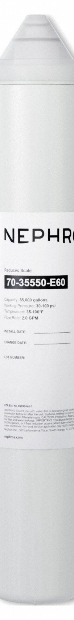 NEPHROS Quick-Connect Water Filter: 2 gpm, 17 in Overall Ht, 3 in Overall Dia, Scale Reduces (MPN 70-35550-E60). Key specifications — Product Type: Quick-Connect Water Filter; Filter Media: Treated Polymer Beads; Brand: NEPHROS; Reduces: Scale.