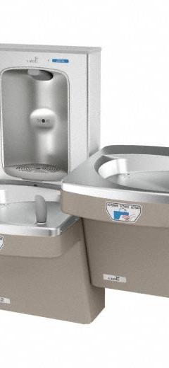 OASIS Bi-Level Drinking Fountain with Bottle Filler: On-Wall, 8 gph @ 50°F, Touchless Sensor, Tan (MPN PG8FEBFSLTT SAN). Key specifications — Brand: OASIS; Housing Material: Stainless Steel; Filter Access: Top Panel Access; Housing Finish: Sandstone; Chilling Capacity: 8 gph @ 50°F; Housing Color: Tan.