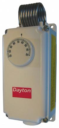 DAYTON Line Volt Mechanical Tstat: Heat or Cool, Plastic, 30° to 110°F, 3° to 12°F, 120 to 270V AC (MPN 6EDY3). Key specifications — attr400419: 120 to 270V AC; attr400424: SPDT, Open/Close on Rise; attr400415: 30° to 110°F; attr400417: 3° to 12°F; attr400418: Hydraulic Air Coil; attr400408: Heat or Cool; attr408361: DAYTON; attr400410: Plastic.
